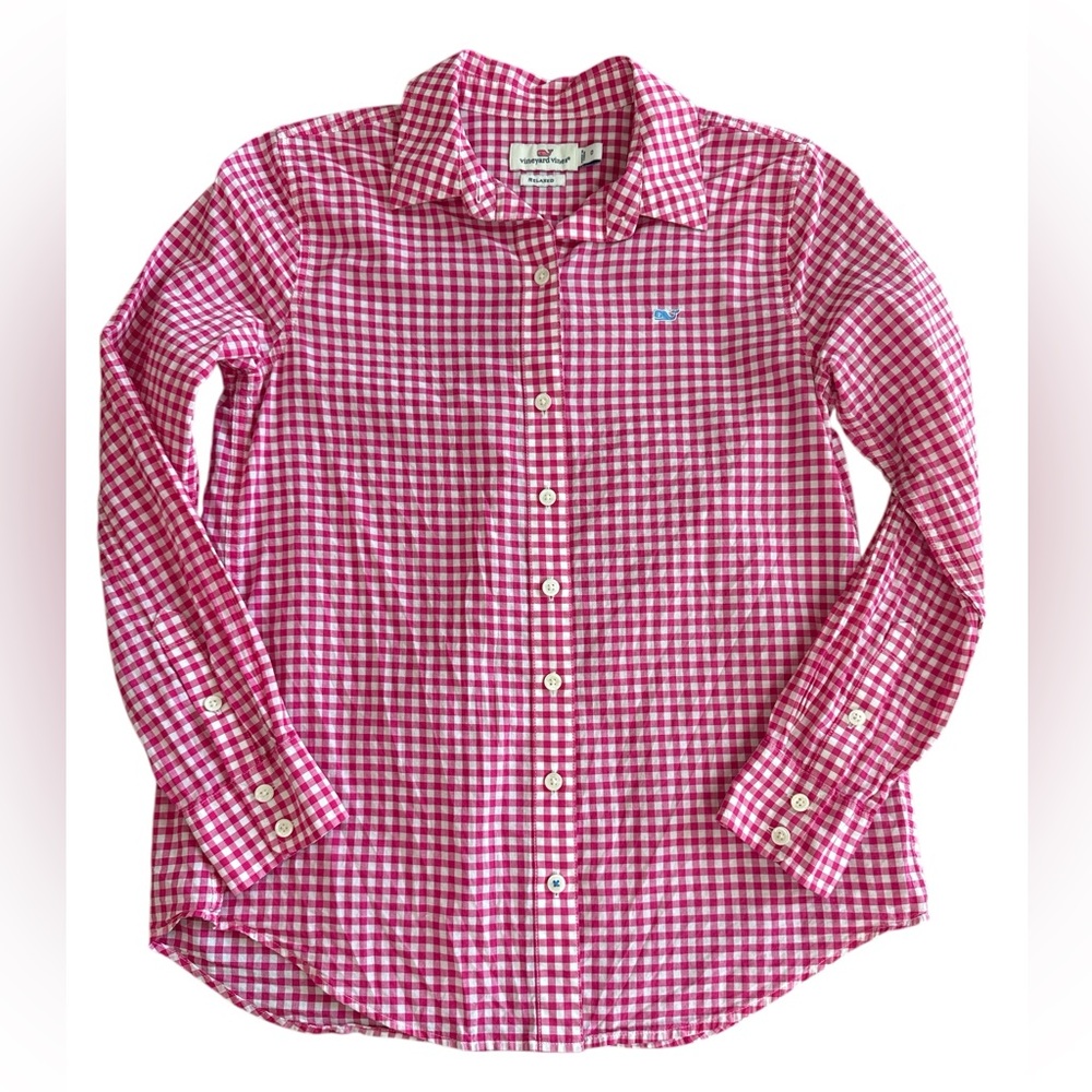 Vineyard Vines Gingham Pink/White Long Sleeve Button Down Shirt SZ 0 Relaxed Fit